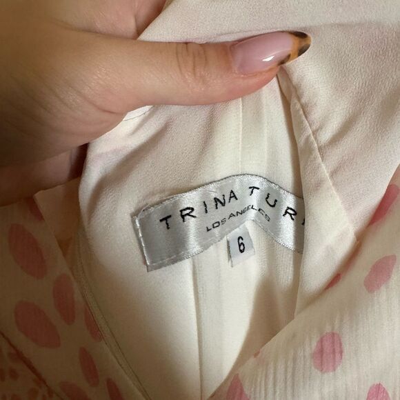 Vintage Y2K Silk Trina Turk Midi Dress Polka Dot Ruched Flowy Sz 6 in White Pink - Picture 3 of 7